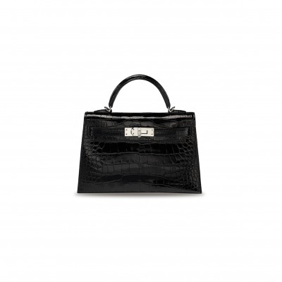 HERMÈS MASTER A SHINY BLACK ALLIGATOR  MINI KELLY II WITH PALLADIUM HARDWARE (19*12*5.5cm) 